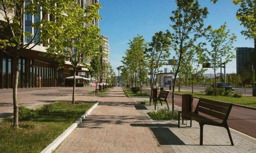 Allée piétonne aménagée avec bancs et arbres en centre-ville moderne