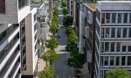 Vue d’une rue urbaine moderne bordée d’immeubles et d’espaces verts
